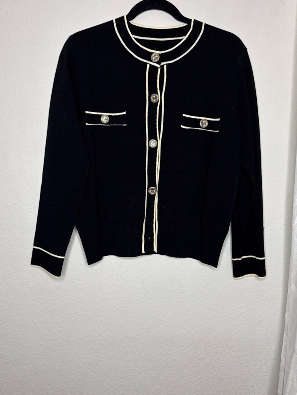 Black Knit Cardigan with Ivory Trim and Decorative Gold Buttons